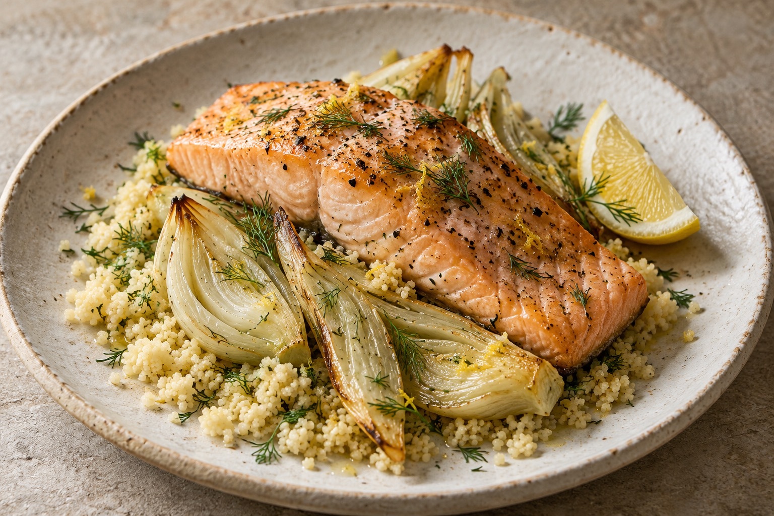Oven-baked salmon on fennel with spiced couscous and lemon