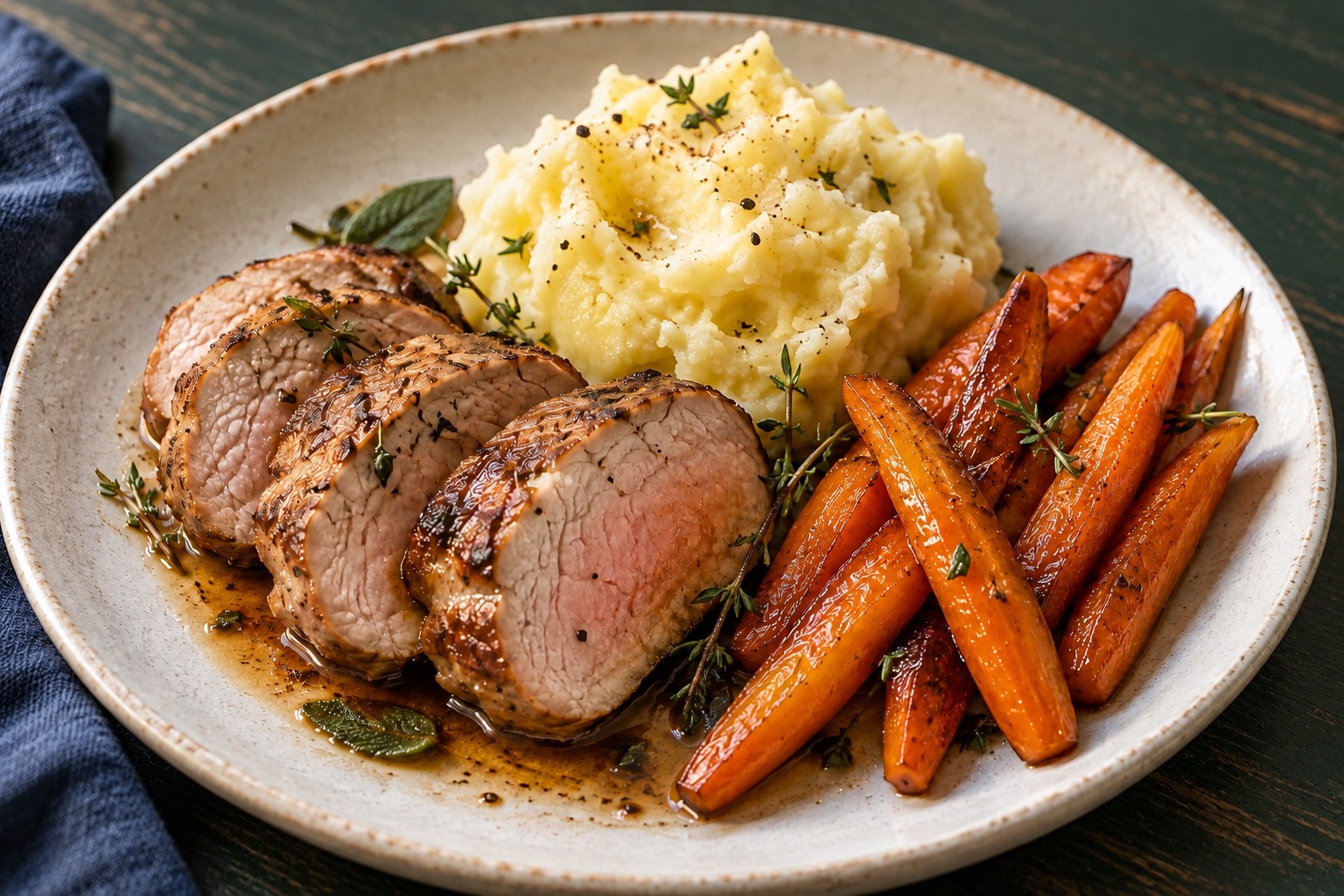 Pork tenderloin with balsamic carrots and mashed potatoes