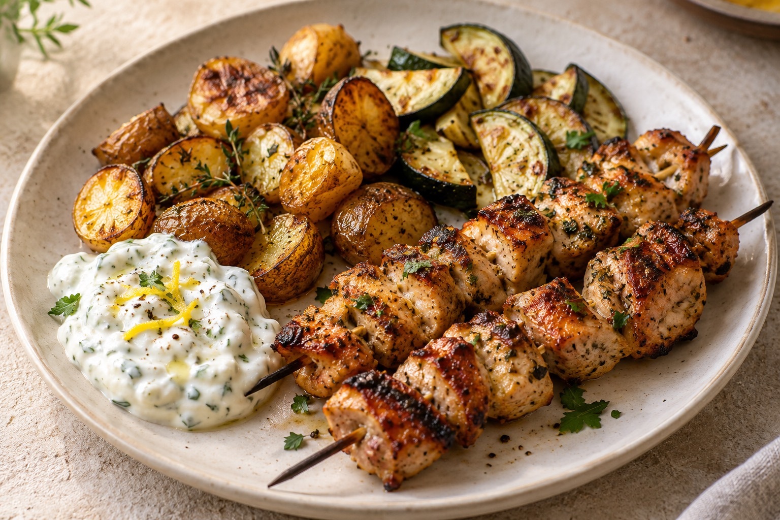 Garlic chicken skewers with baby potatoes, courgette and lemon yoghurt
